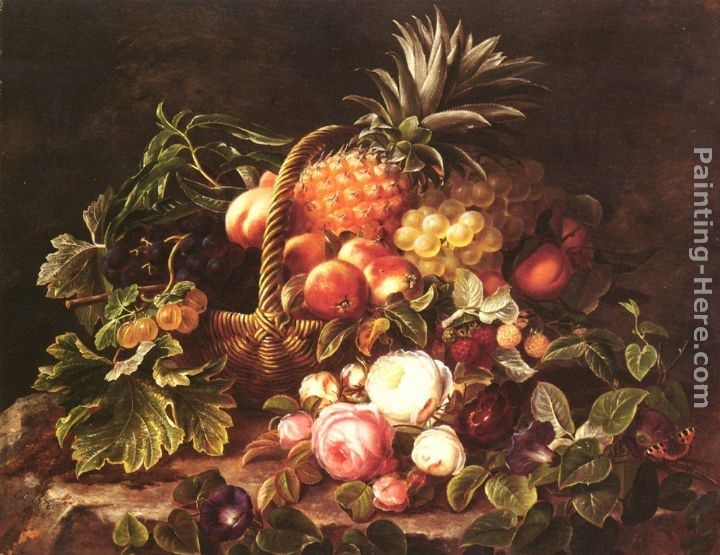 Johan Laurentz Jensen A Still Life Of A Basket Of Fruit And Roses